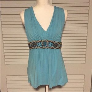 Boston Proper Blue Tank with Wooden and Blue Beads